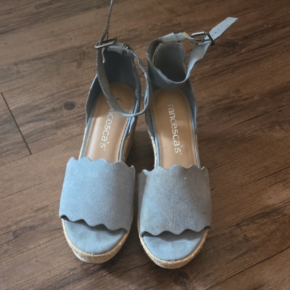Francesca's Collections Shoes - Francesca's Collections Light Gray Scalloped Espadrille Wedge Sandals
